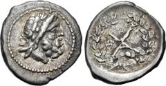 Greek ACHAIA, Achaian League. Dyme. Circa 86 BC. AR Triobol – Hemidrachm (15mm, 2.33 g, 6h). Laureate head of Zeus right / Achaian League monogram; ΔY above, monogram to left; below, fish right; all w