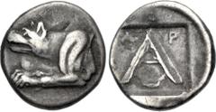 Greek ARGOLIS, Argos. Circa 330-270 BC. AR Triobol – Hemidrachm (14mm, 2.64 g, 11h). Forepart of wolf at bay left / Large A; A-P across upper field, crescent below; all within shallow square incuse. B