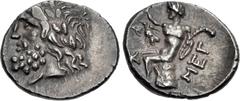 Greek ARKADIA, Megalopolis. Circa 100-80 BC. AR Triobol – Hemidrachm (16mm, 2.32 g, 6h). Laureate head of Zeus left / Pan seated left on rock, raising hand and holding logobolon; above knee, eagle fly