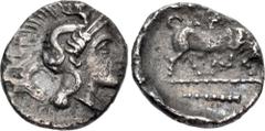 Greek LUCANIA, Thourioi. Circa 350-300 BC. AR Triobol (12mm, 1.23 g, 1h). Head of Athena right, wearing crested Attic helmet decorated with Skylla throwing a stone / Bull butting right; club in exergu
