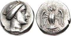 Greek PONTOS, Amisos. Circa 300-125 BC. AR Triobol – Hemidrachm (11mm, 1.73 g, 12h). Askleous, magistrate. Turreted head of Hera right / Owl standing facing, wings spread, on shield; A to inner left, 