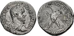 Roman Provincial PHOENICIA, Aradus. Macrinus. AD 217-218. BI Tetradrachm (26mm, 12.11 g, 1h). • AYT KAI M OΠ • • CЄ MAKPINO C, laureate, draped, and cuirassed bust right, seen from behind / Eagle stan