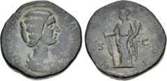 Roman Imperial Didia Clara. Augusta, AD 193. Æ Sestertius (28mm, 21.52 g, 6h). Rome mint. Struck under Didius Julianus. Draped bust right / Hilaritas standing left, holding long palm frond and cornuco