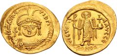 Byzantine Maurice Tiberius. 582-602. AV Solidus (22mm, 3.35 g, 8h). Alexandria mint. Dated IY 5 (AD 586/7). Helmeted, draped, and cuirassed facing bust, holding globus cruciger / Angel standing facing