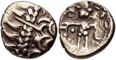 CELTIC, Iceni. Uninscribed. Circa 65-1 BC. AV Stater (18mm, 5.41 g, 7h). Norfolk Wolf type. Abstract head of Apollo left / Wolf standing right; pellets, leaf, and bean above, pellet and crescent below