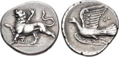 Greek SIKYONIA, Sikyon. Circa 330/20-280 BC. AR Triobol – Hemidrachm (17mm, 2.75 g, 8h). Chimera advancing left, raising forepaw; ΣI below / Dove flying left; three pellets above tail feathers. BCD Pe