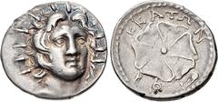 Greek ISLANDS off CARIA, Rhodos. Rhodes. Circa 88/42 BC-AD 14. AR Drachm (18.5mm, 3.47 g, 12h). Attic standard. Hekaton, magistrate. Radiate head of Helios facing slightly right / Rose seen from above
