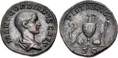 Roman Imperial Gordian III. As Caesar, AD 238. Æ Sestertius (30mm, 22.41 g, 12h). Rome mint. 1st emission of Balbinus and Pupienus, circa April-June AD 238. Bareheaded and draped bust right / Emblems 