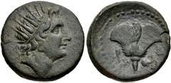 ISLANDS off CARIA, Rhodos. Rhodes . Circa 88 BC. Æ (28mm, 15.01 g, 12h). Radiate head of Helios right / Rose; hook to left, dolphin and trident to right. Ashton, Coinage 174 (A48/P168); SNG Copenhagen