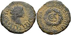 SPAIN, Bilbilis. Tiberius. AD 14-37. Æ As (30mm, 11.71 g, 2h). L. Aelius Sejanus, praetorian consul. Struck AD 31. Laureate head right / Large COS within wreath. RPC I 398; Burgos 284. Fine, rough gre
