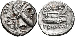 The Pompeians. Cnaeus Pompeius Magnus (Pompey the Great). Spring 48 BC. AR Denarius (17mm, 3.71 g, 6h). Mint in Greece. Cn. Calpurnius Piso, proquaestor. Diademed and bearded head of Numa Pompilius ri