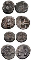 GREEK. Asia Minor. Lot of Four (4) AR of Ionia, Ephesos. Includes: Circa 5th century BC. Æ Hemidrachm. Bee / Quadripartite incuse square. SNG Copenhagen 207 // 5th century BC. Æ Obol. Bee / Quadripart