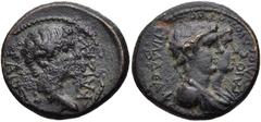 LYDIA, Philadelphia. Gaius (Caligula). AD 37-41. Æ (29mm, 4.49 g, 12h). Gaios Ioulios Diodoros, magistrate. Bare head of Caligula right; [star] behind / Laureate, conjoined busts of the Dioskouroi rig