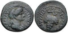 LYDIA, Philadelphia. Domitia. Augusta, AD 82-96. Æ (16mm, 3.09 g, 12h). Lagetas, magistrate. Bareheaded and draped bust right / Grape bunch. RPC II 1336; SNG München -; SNG Copenhagen 379. VF, dark gr