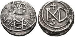 Justinian I. 527-565. Heavy AR Half Siliqua (12mm, 0.97 g, 12h). Carthage mint. Struck 537-552. D N [IVSTINIANV]S PP AI, pearl-diademed, draped, and cuirassed bust right / Monogram; cross above, ς bel