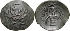 BULGARIA, Second Empire. Mico Asen. 1256–1257. Æ Trachy (28mm, 2.88 g, 7h). Facing bust of St. Nikolai, raising hand in benediction and holding Gospels / Half-length facing bust of Mico Asen, holding 