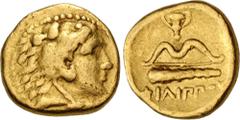 Greek KINGS of MACEDON. temp. Philip II – Alexander III. Circa 340/36-328 BC. AV Quarter Stater (10.5mm, 2.13 g, 6h). In the name and types of Philip II. Pella mint. Head of Herakles right, wearing li