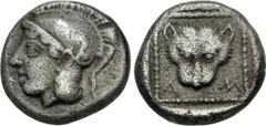 Greek LESBOS, Methymna. Circa 500/480-460 BC. AR Triobol (10mm, 1.48 g, 9h). Helmeted head of Athena left / Head of panther facing in dotted square within incuse square. Franke, Münzprägung 9; HGC 6, 