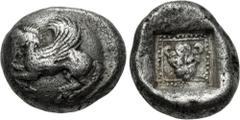 Greek DYNASTS of LYCIA. Uncertain dynast. Circa 480 BC. AR Third Stater (12.5mm, 2.73 g, 10h). Uncertain mint. Pegasos flying left on convex circle / Head of panther facing in pellets-in-linear-square