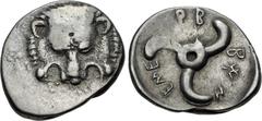 Greek DYNASTS of LYCIA. Trbbenimi. Circa 390-375 BC. AR Third Stater (16mm, 2.72 g). Wedrei mint. Facing lion scalp / Triskeles. Müseler VIII, 25–7. Lightly toned, area of weak strike. VF.