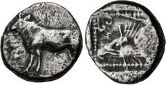 Greek CYPRUS, Paphos. Pny[tos?]. Early 5th cenutry BC. AR Twelfth Stater (9mm, 0.73 g, 6h). Bull standing left / Head of eagle left; palmette above; all in dotted square within incuse square. Destroop