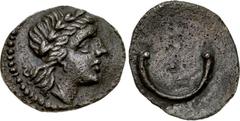 SPAIN, Uncertain. End of 3rd century BC. AR Hemiobol or 1/12 Shekel (10mm, 0.36 g, 4h). Laureate head of Apollo right / Pellet above crescent. CNH 6; SNG BM Spain -. Good VF, darkly toned, minor poros