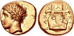MACEDON, Chalkidian League. Circa 365-360 BC. AV Stater (16mm, 8.55 g, 9h). Laureate head of Apollo left / Kithara; X-A-Λ-KIΔ-EΩN around. Unpublished. Good VF, underlying luster, obverse a little off 