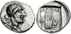 LYCIA, Phaselis. Circa 84-77 BC. AR Drachm (15mm, 2.62 g, 12h). “Pseudo-Lycian League” issue. Laureate head of Apollo right; bow and quiver over shoulder / Kithara; torch to left, Isis crown to right;