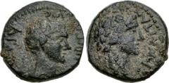 AEOLIS, Temnus. Gaius Asinius Gallus. Proconsul of Asia, 6-5 BC. Æ (15mm, 3.25 g, 12h). Apollas, son of Phainios, magistrate. Struck 5 BC. Bare head of Asinius Gallus right / Head of Dionysos right, w
