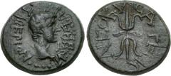 LYDIA, Philadelphia (as Neocaesarea). Tiberius Gemellus(?). Caesar, AD 35-37. Æ (15mm, 2.91 g, 9h). TIBEPION CEBACTON(?), bare head right / Thunderbolt. LS 24 (under Tiberius Gemellus; same obv. die a