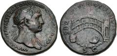 Trajan. AD 98-117. Æ Sestertius (33mm, 25.43 g, 6h). Rome mint. Struck circa mid AD 107-110. Laureate bust right, slight drapery / Arched, single-span bridge with seven posts across Danube River; sing