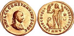 Constantine II. As Caesar, AD 316-337. AV Aureus (21mm, 5.27 g, 11h). Fifth consulship and decennalia issue for Licinius I. Antioch mint. Struck AD 317/8. D N FL CL CONSTANTINVS NOB C, laureate, drape