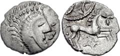 CELTIC, Iceni. Uninscribed. Circa 65-1 BC. AR Unit (15mm, 1.20 g, 10h). Norfolk God, Small Head (Normal Face-Horse A) type. Celticized head right; two trefoils before / Horse right; pellet below tail,