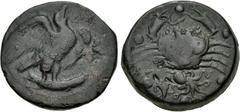 Greek SICILY, Akragas. Circa 415-406 BC. Æ Hemilitron (28mm, 21.84 g, 1h). Eagle, head raised and wings spread, standing right on fish / Crab holding serpent in claw; six pellets (mark of value) aroun