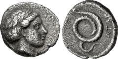 Greek MYSIA, Atarnios. Mid-late 4th century BC. AR Hemidrachm (12.5mm, 1.49 g, 12h). Laureate head of Apollo right / Serpent coiled right. Cf. S&B 1–2 (drachm and obol); cf. AMNG IV 317–8 (same); cf. 
