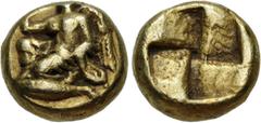 Greek MYSIA, Kyzikos. Circa 450-330 BC. EL Myshemihekte – Twenty-fourth Stater (6mm, 0.65 g). Nike, holding aphlaston in extended right hand, kneeling left on tunny left / Quadripartite incuse square.