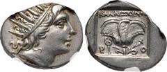Greek ISLANDS off CARIA, Rhodos. Rhodes. Circa 88-84 BC. AR Drachm (17mm, 2.62 g, 11h). 'Plinthophoric' coinage. Kallixeinos, magistrate. Radiate head of Helios right / Rose with bud to right; ΚΑΛΛΙΞΕ