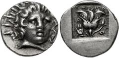 Greek ISLANDS off CARIA, Rhodos. Rhodes. Circa 125-88 BC. AR Hemidrachm (12.5mm, 1.49 g, 12h). 'Plinthophoric' coinage. Timasipos, magistrate. Radiate head of Helios facing slightly right / Rose with 