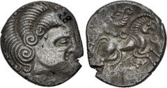 Celtic GAUL, Northwest. Coriosolites. Circa 100-50 BC. BI Stater (22mm, 6.19 g, 12h). Celtic head right, hair in large spiral curls, S-like ear; [pearl strings flowing around] / Stylized charioteer dr