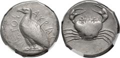 Greek SICILY, Akragas. Circa 465/0–445/0 BC. AR Tetradrachm (26mm, 17.35 g, 4h). Sea eagle standing left; AKRAC-ANTOΣ (partially retrograde) around / Crab within incuse circle. Westermark, Coinage, Pe