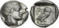 Greek ATTICA, Athens. Circa 454-404 BC. AR Tetradrachm (25mm, 17.15 g, 11h). Helmeted head of Athena right, with frontal eye / Owl standing right, head facing, closed tail feathers; olive spray and cr