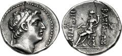 Greek SELEUKID EMPIRE. Demetrios I Soter. 162-150 BC. AR Drachm (18.5mm, 3.89 g, 12h). Soli mint. Diademed head right / Tyche, holding scepter and cornucopia, seated left on throne supported by winged