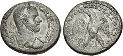Roman Provincial PHOENICIA, Aradus. Macrinus. AD 217-218. BI Tetradrachm (26mm, 12.78 g, 1h). • AYT KAI M OΠ • • CЄ MAKPINO C, laureate, draped, and cuirassed bust right, seen from behind / Eagle stan