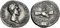 Roman Imperial Nerva. AD 96-98. AR Denarius (17.5mm, 3.20 g, 6h). Rome mint. Struck AD 97. Laureate head right / Clasped right hands holding aquila set on prow left. RIC II 15; RSC 29. Old collection 