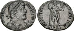 Roman Imperial Valentinian I. AD 364-375. Æ (27mm, 8.39 g, 6h). Thessalonica mint. Struck AD 364-367. Pearl-diademed, draped, and cuirassed bust right / Emperor standing facing, head right, holding la