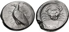 Greek SICILY, Akragas. Circa 465/0–445/0 BC. AR Tetradrachm (27.5mm, 17.08 g, 8h). Sea eagle standing left / Crab within shallow incuse circle. Westermark, Coinage, Period II, Group I, 357 (O11/R35); 