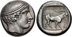 Greek THRACE, Ainos. Circa 403/2-402/1 BC. AR Tetradrachm (23mm, 16.69 g, 6h). Persic standard. Head of Hermes right, wearing petasos with pelleted rim / Goat standing right; grain ear on long stalk t