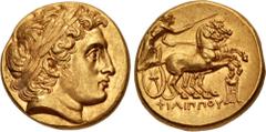 Greek KINGS of MACEDON. Philip III Arrhidaios. 323-317 BC. AV Stater (17mm, 8.53 g, 12h). In the types of Philip II. Kolophon mint. Struck under Menander or Kleitos, circa 322-319 BC. Head of Apollo r