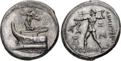 Greek KINGS of MACEDON. Demetrios I Poliorketes. 306-283 BC. AR Tetradrachm (24.5mm, 17.17 g, 5h). Amphipolis mint. Struck circa 294-293 BC. Nike standing left on prow of galley left, blowing trumpet 