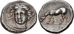 Greek THESSALY, Larissa. Circa 400-370 BC. AR Drachm (18.5mm, 6.06 g, 3h). Head of the nymph Larissa facing slightly left / Horse grazing left. L-S Group 1, Head Type 1, dies O5/R4, a = Lorber, Early 